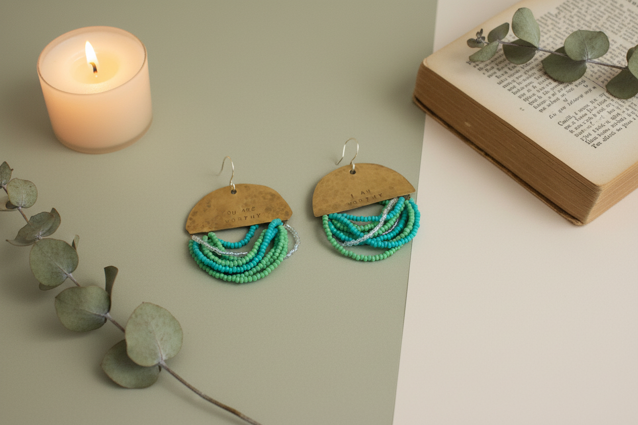 Half Moon Wordkeeper Earrings styled with ritual props, featuring brass, bead fringe, and silver, Jewellery by JN.