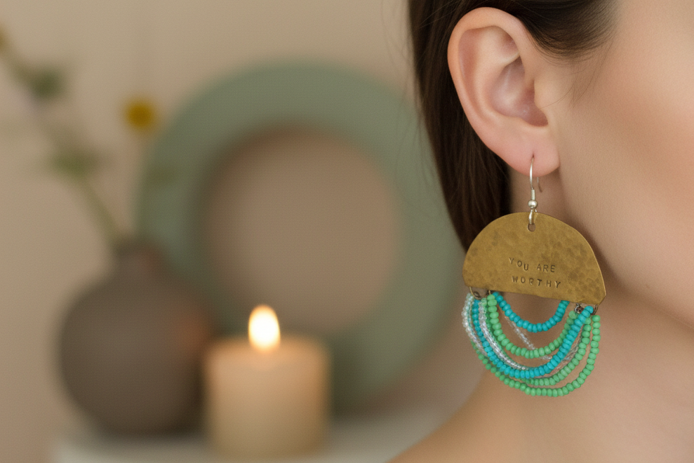 Woman wearing Half Moon Wordkeeper Earrings by Jewellery by JN, showing brass crescents, bead fringe, and handmade silver ear wires.