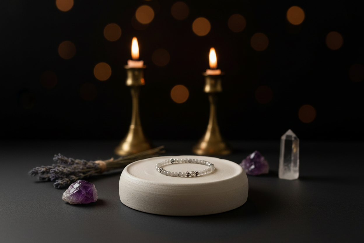 A delicate silver beaded bracelet rests on a round white ceramic stand, styled with purple crystals, dried lavender, and two lit brass candlesticks against a dark background with warm bokeh lights.