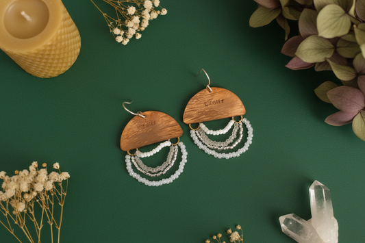 Mini Wordkeeper Earrings Light by Jewellery by JN, hand-forged copper bars with white and silver seed bead fringe and handmade sterling silver ear wires, shown front-facing.