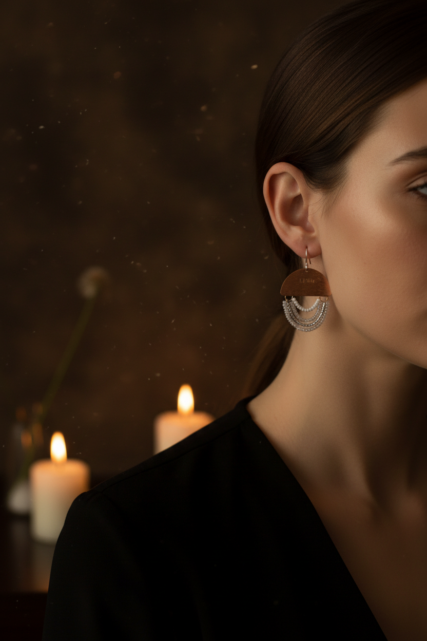 A close-up side profile of a woman wearing a large circular drop earring with a warm brown top half and a silver crescent-shaped lower half, set against a dark, moody background with blurred candles.