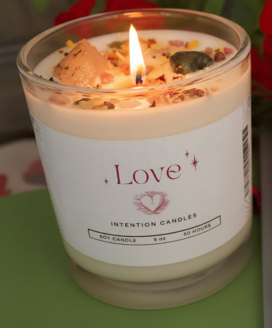 Love Intention Candle by Jewellery by JN, hand-poured, Cinnamon Spice, rose quartz, emerald, rhodonite, rose petals, chili pepper, orange peel
