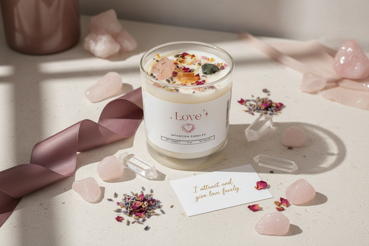 Love Intention Candle by Jewellery by JN, hand-poured candle with Rose Quartz, Emerald, and Rhodonite crystals, rose petals, chili pepper, and dried orange peel, displayed with ritual props.