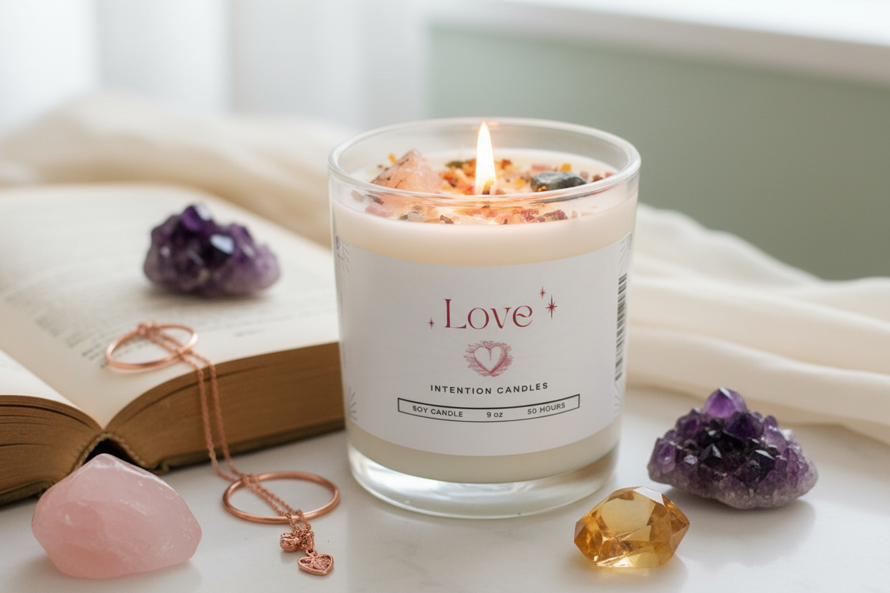 Love Intention Candle by Jewellery by JN, lit with glowing flame, showing crystals and botanicals embedded in wax.