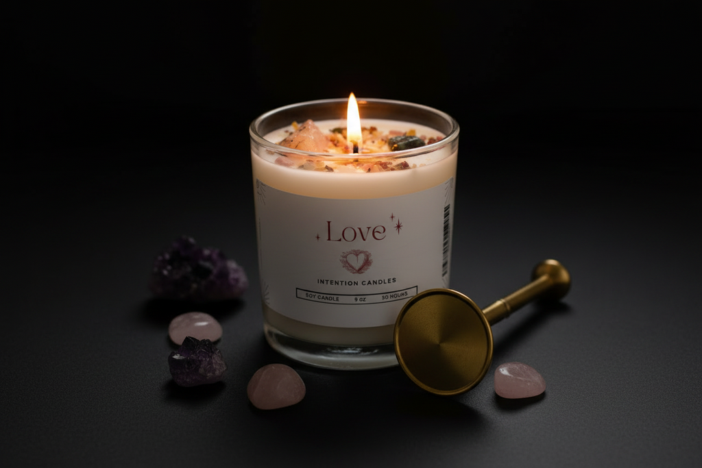 A lit glass jar candle labeled 'Love' with a white label and wax topped with dried botanicals, shown on a dark surface with a brass wick tool and pink and purple crystals around it.