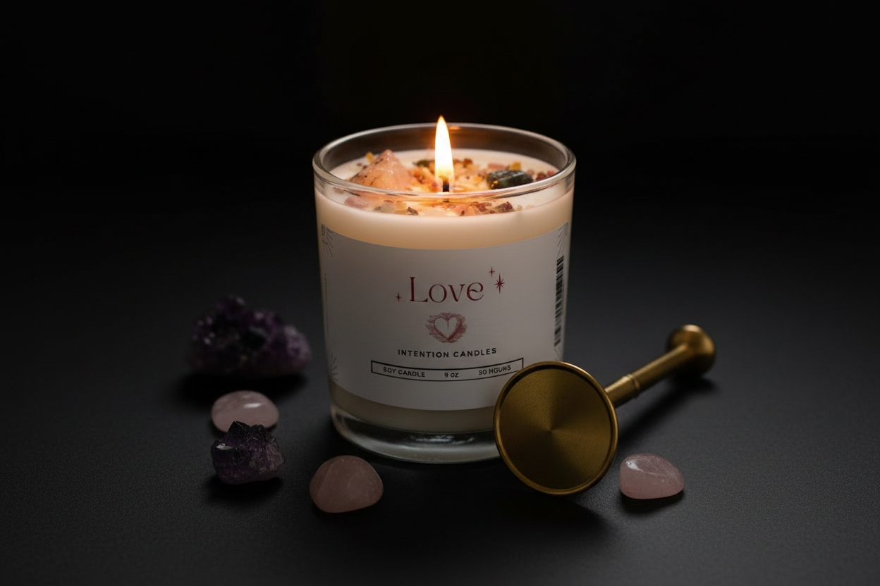 A lit glass jar candle labeled 'Love' with a white label and wax topped with dried botanicals, shown on a dark surface with a brass wick tool and pink and purple crystals around it.