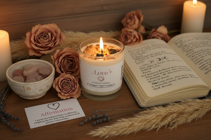 Love Intention Candle by Jewellery by JN styled with journal, affirmation card, dried flowers, and ritual objects on earthy background.