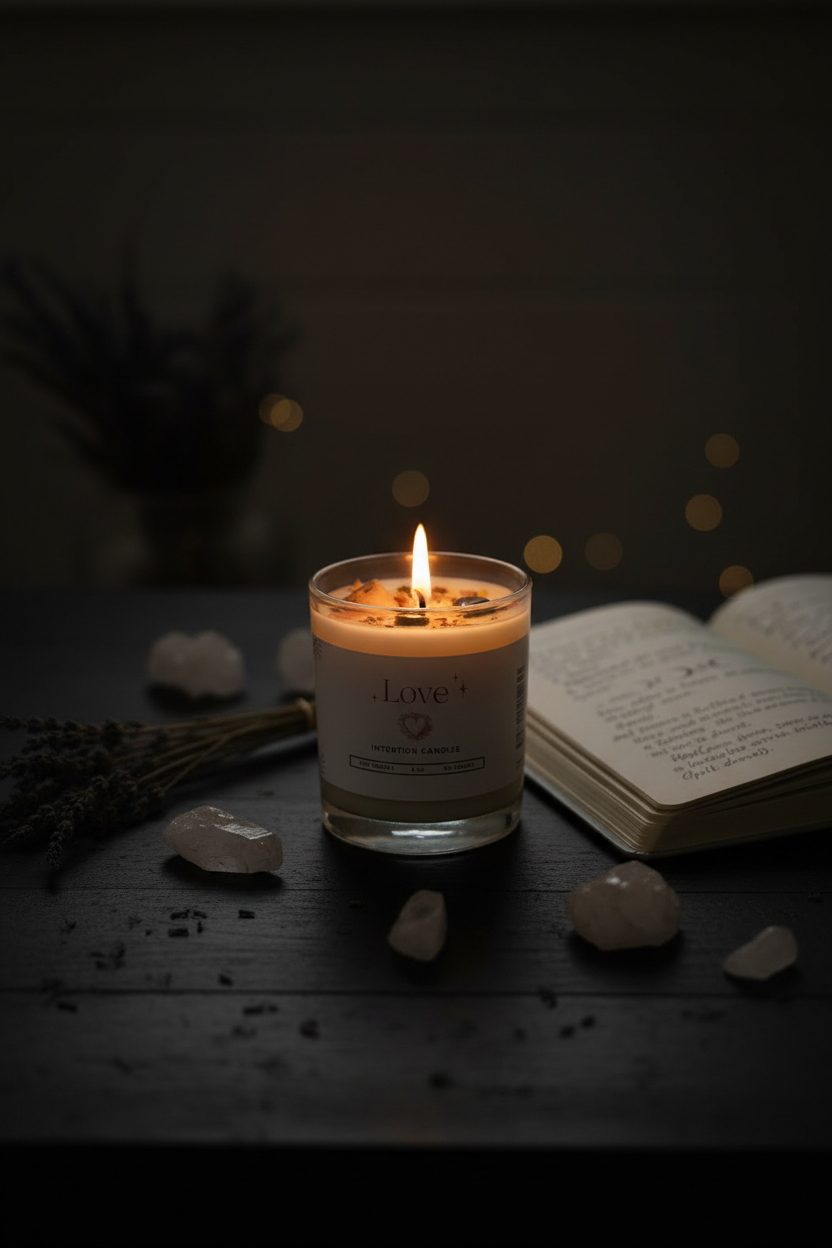 A lit candle in a clear glass jar sits on a dark wooden surface, surrounded by an open book, crystals, and dried lavender in a moody, dimly lit setting.