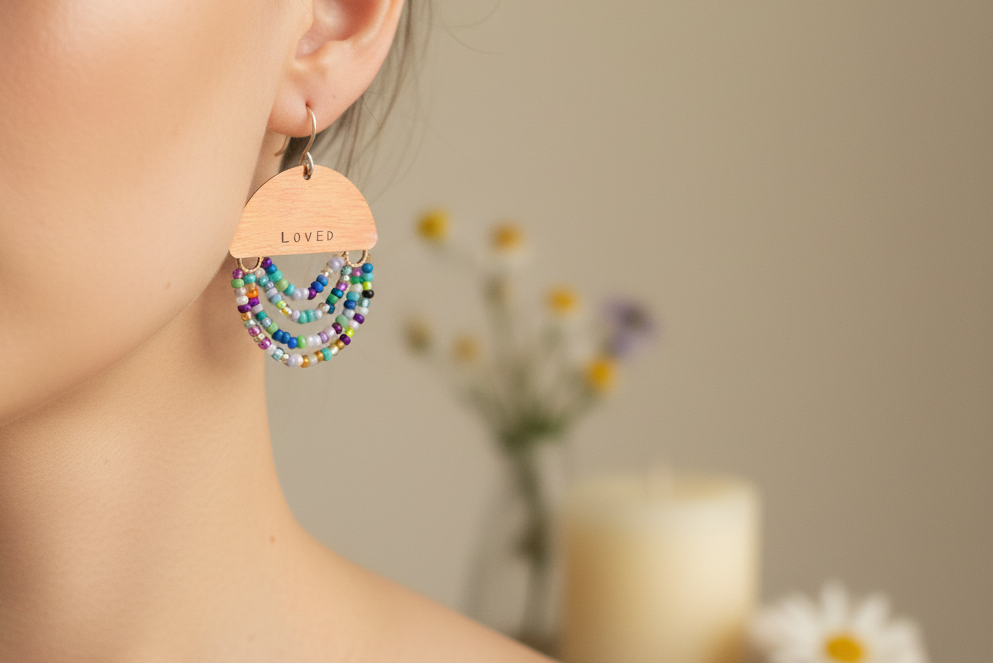 Woman wearing Mini Wordkeeper Earrings Loved by Jewellery by JN, showing copper, bead soup fringe, and silver ear wires.