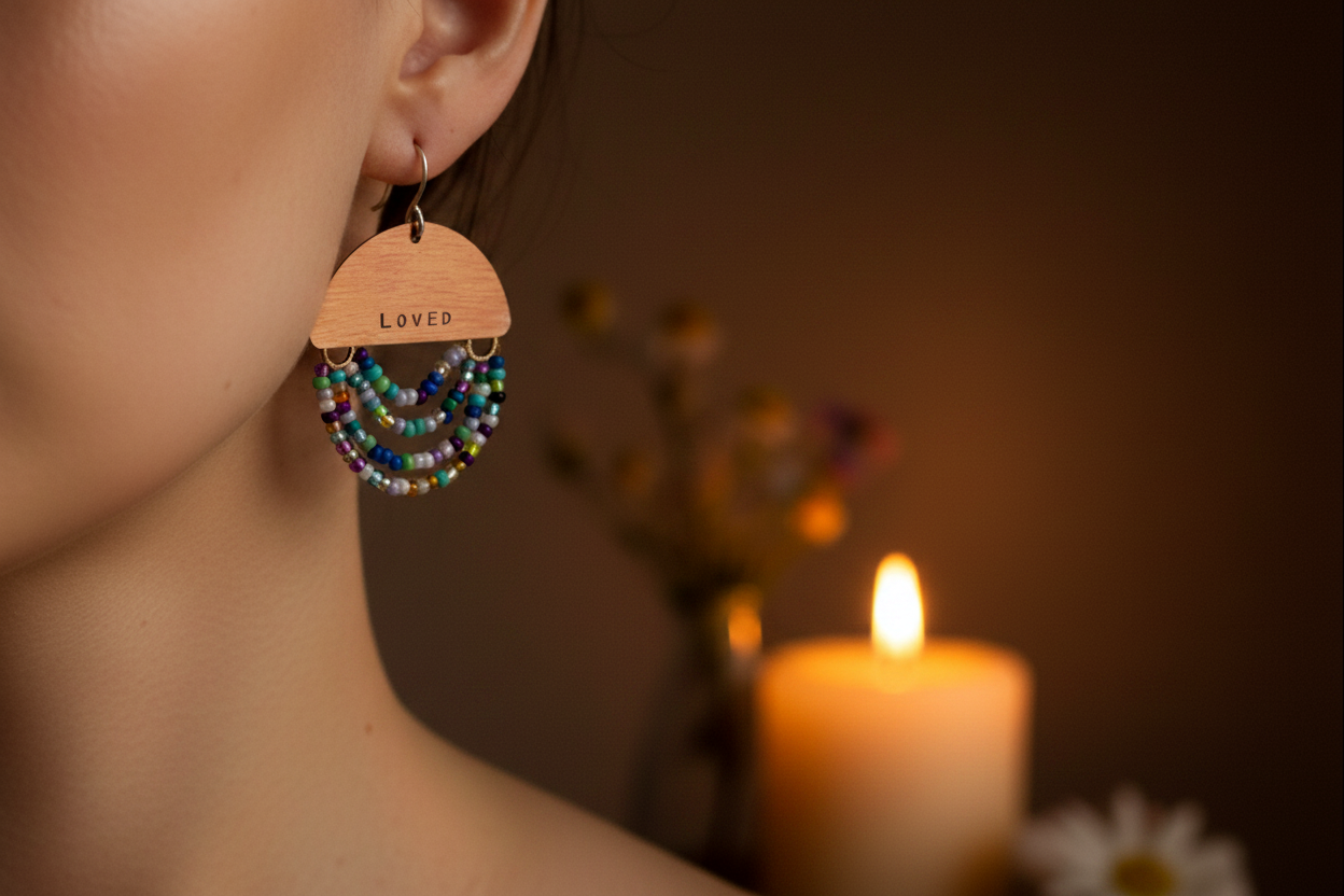 A close-up lifestyle shot of a person's ear wearing a wooden dangle earring with colorful beaded tiers and the word 'Lovin' engraved on the wooden top. The background is dark and warmly lit with a blurred lit candle and dried flowers.