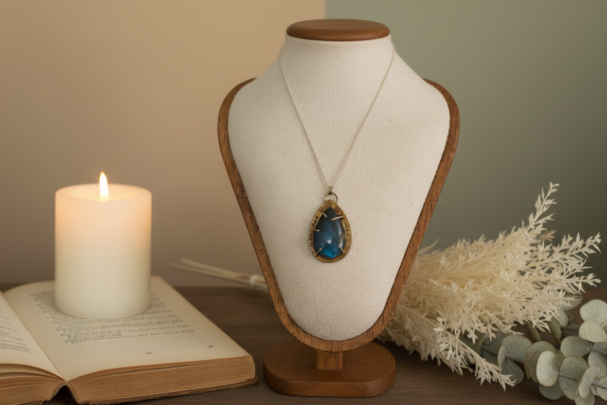 Emberheart Pendant styled with ritual props, featuring labradorite, copper, and silver, Jewellery by JN