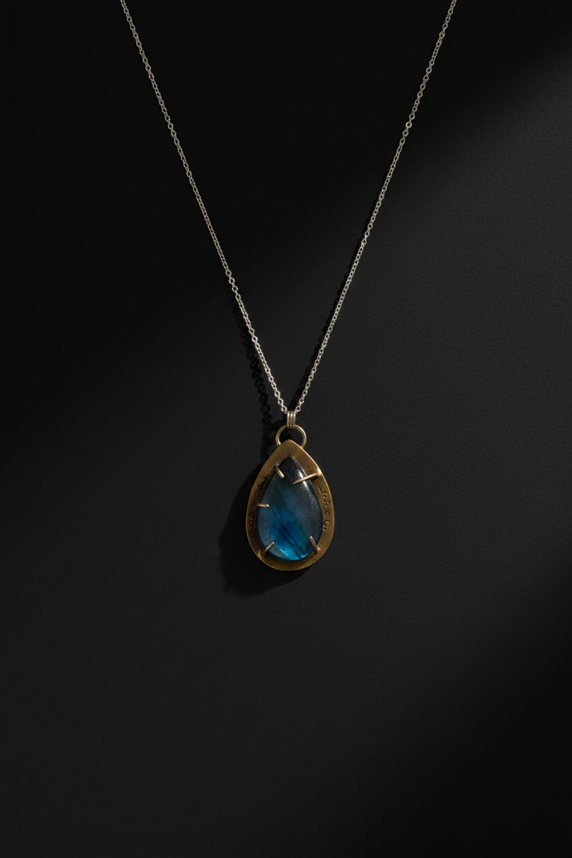 A silver chain necklace with a teardrop-shaped pendant featuring a blue iridescent stone and a gold-toned bezel setting, displayed against a dark background.