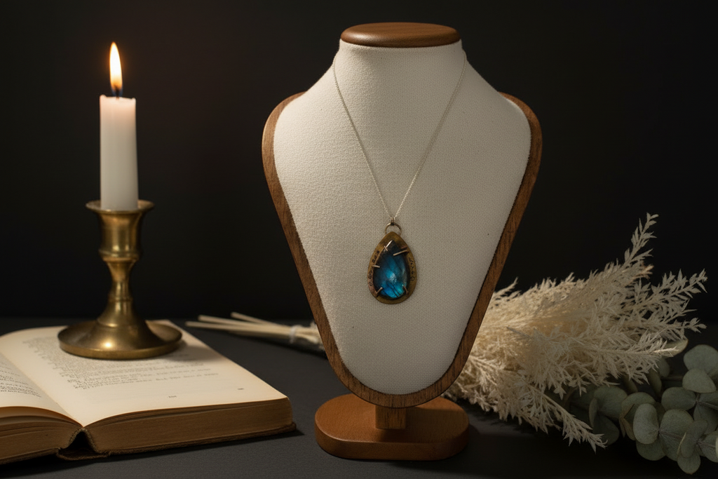 A teardrop-shaped pendant necklace with a blue gemstone and gold-toned setting, displayed on a white fabric jewelry bust with a wooden base. The bust is styled on a dark surface next to an open book, a lit white candle in a brass holder, and dried white flowers.