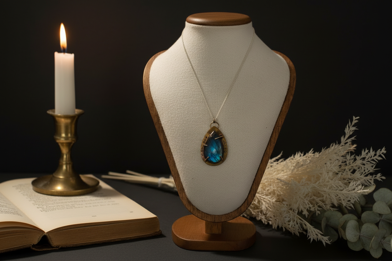 A teardrop-shaped pendant necklace with a blue gemstone and gold-toned setting, displayed on a white fabric jewelry bust with a wooden base. The bust is styled on a dark surface next to an open book, a lit white candle in a brass holder, and dried white flowers.