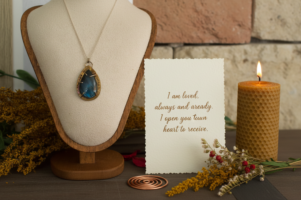 Emberheart Pendant by Jewellery by JN with handwritten affirmation card and ritual props on a creamy background.