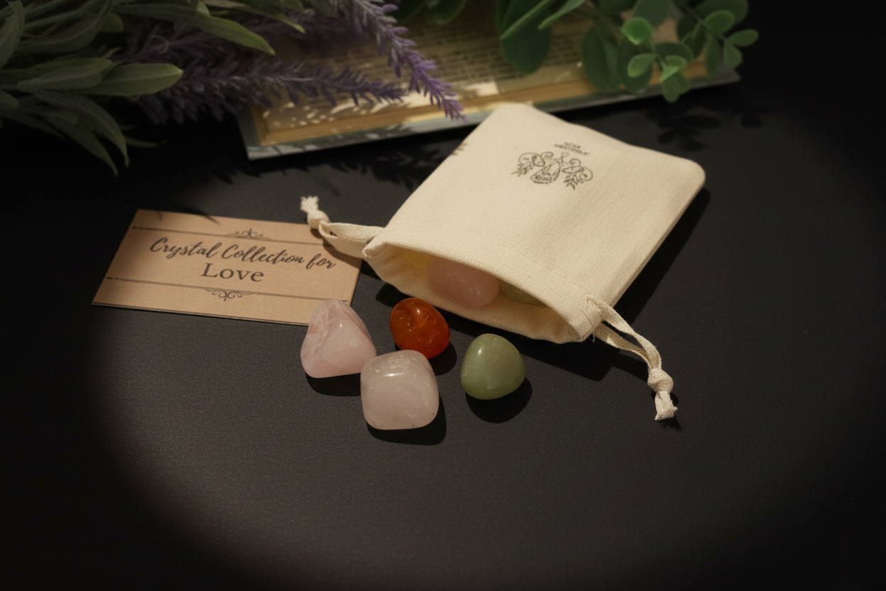 A cream-colored fabric drawstring pouch with a printed logo, shown alongside three polished crystal stones (pink, orange, and green) and a small card reading 'Crystal Collection by Love' on a dark surface.