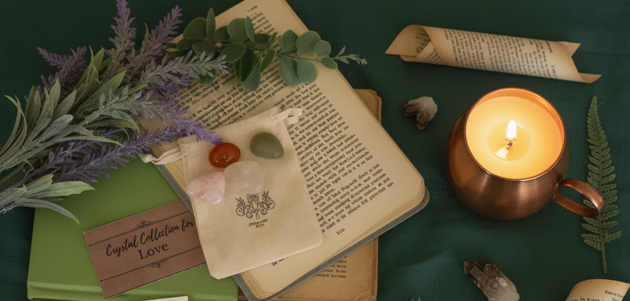 Candlelit scene with crystal collection for love, books, and plants on a dark green surface.