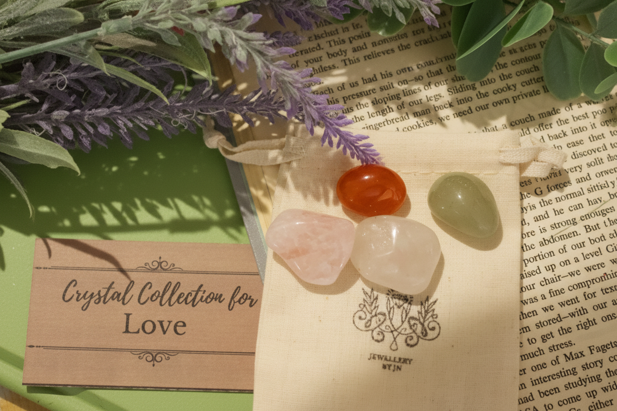 Crystal collection for love on a book with lavender and green leaves