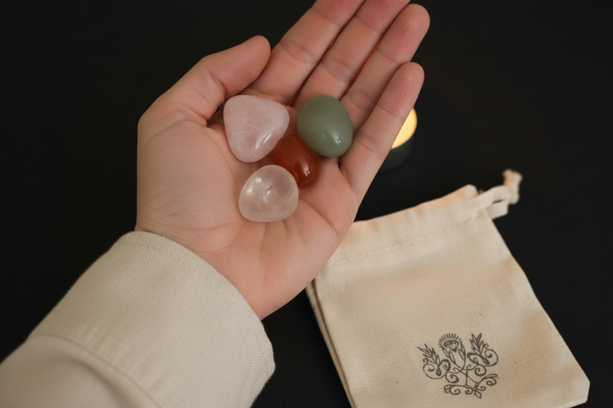 A hand holding four polished tumbled stones in pink, green, and orange-brown, with a small cream drawstring pouch printed with a floral design on a black background.