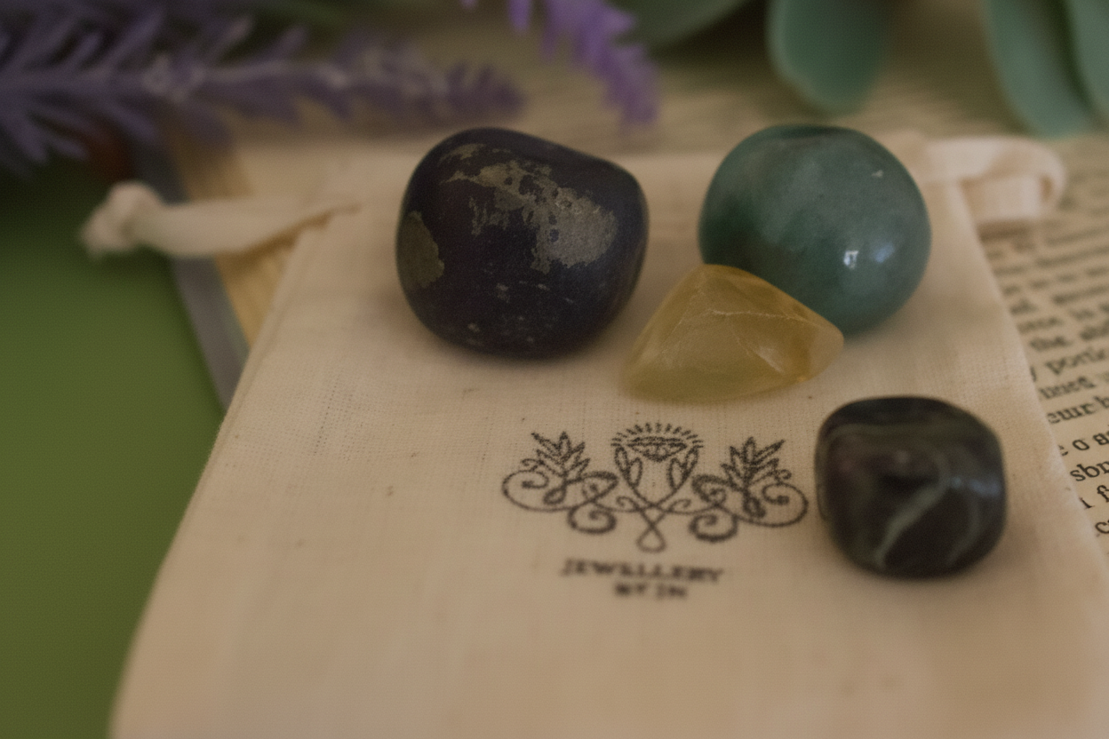 Three stones on a drawstring bag with a decorative emblem, placed on an open book.