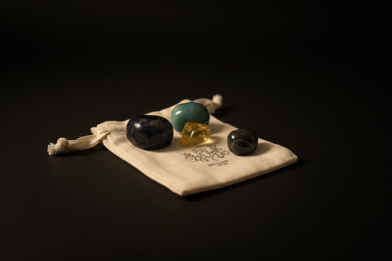 Four polished gemstone crystals in black, teal, and yellow, displayed on a small cream-colored drawstring pouch with a printed logo, set against a solid black background.