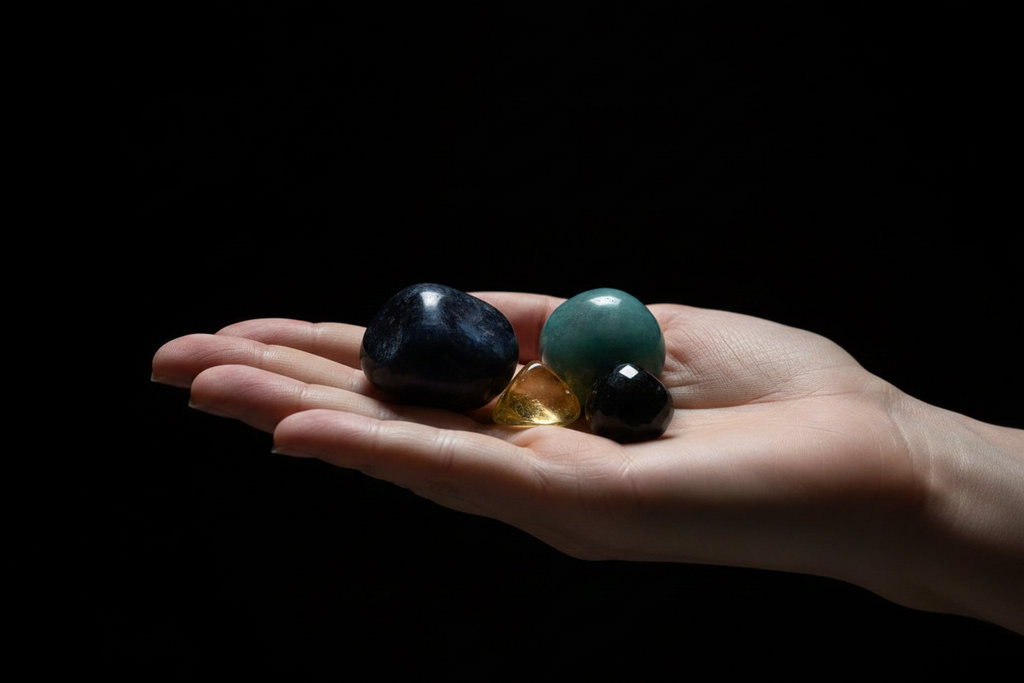 Four polished gemstone balls in black, teal, and yellow are held in the open palm of a hand against a solid black background.
