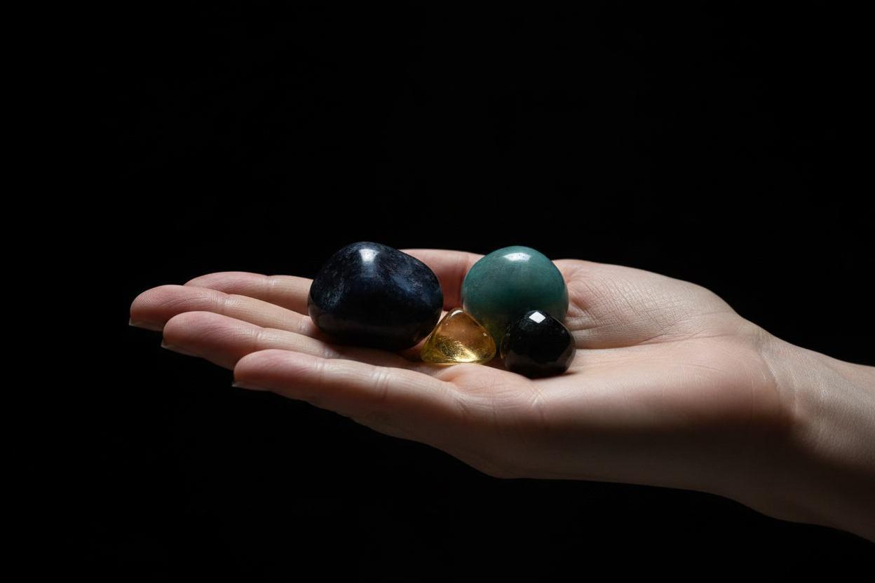 Four polished gemstone balls in black, teal, and yellow are held in the open palm of a hand against a solid black background.