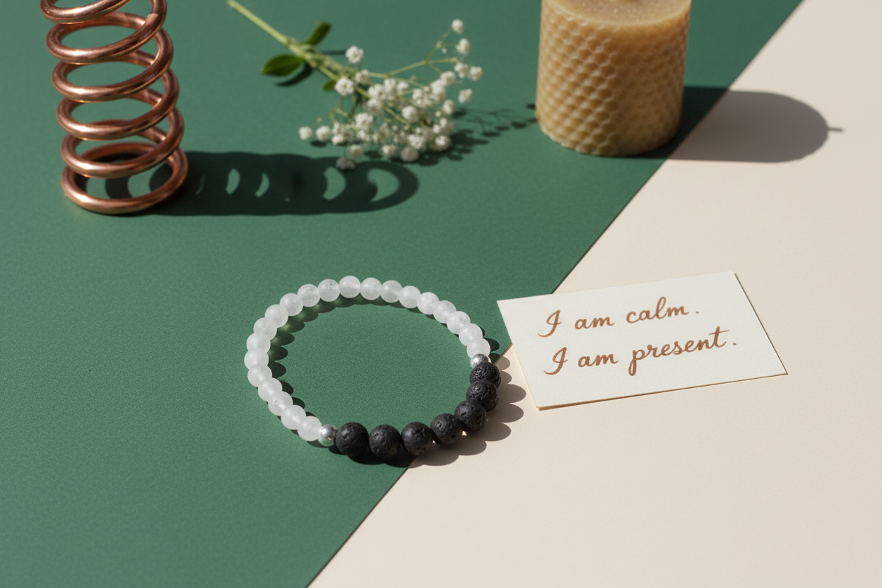 Bracelet with beads on a green and beige surface with a card reading 'I am calm. I am present'.