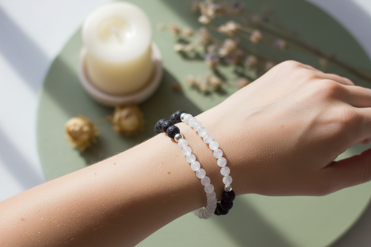 Person wearing two beaded bracelets on a light green surface with candles and flowers.