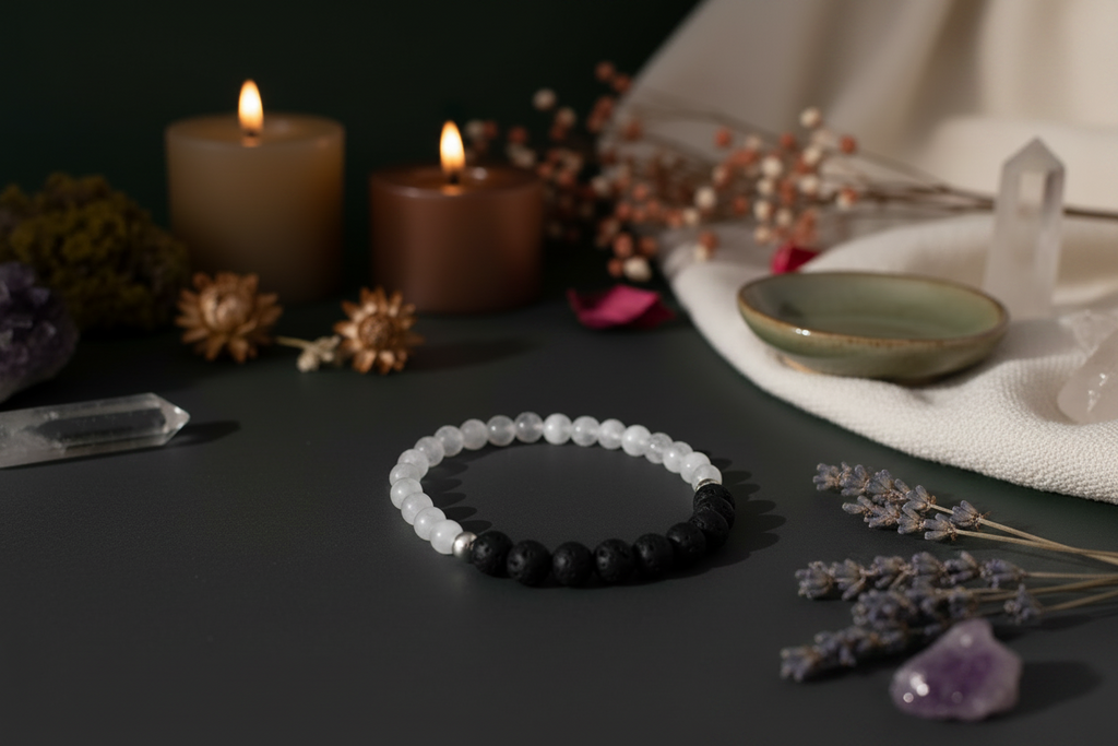 A beaded bracelet made of alternating white and black round beads, displayed on a dark surface with candles, dried flowers, crystals, and a small dish in the background.