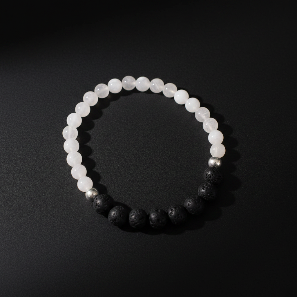 A beaded stretch bracelet arranged in a circle on a dark background, featuring translucent white round beads on one side and matte black porous round beads on the other, with a small metallic silver bead near the top right.