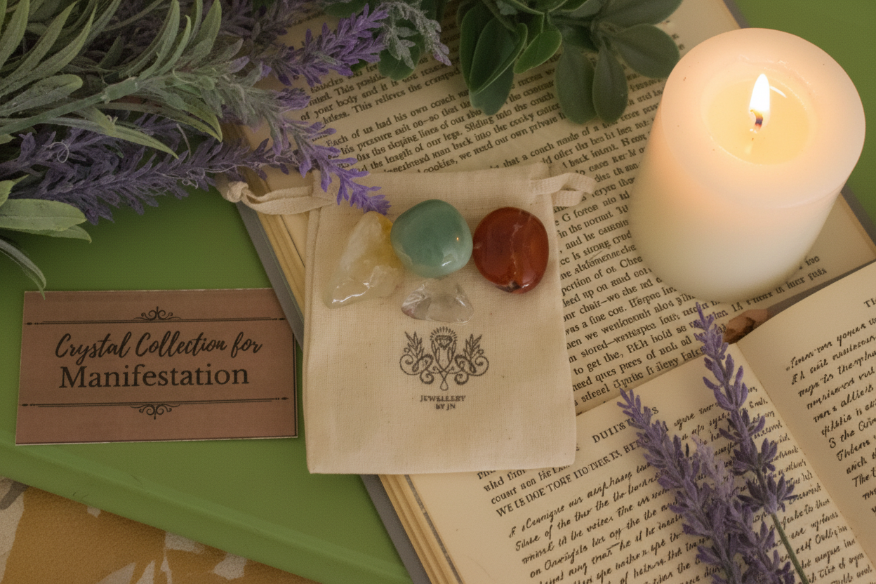 "Manifestation Gemstone Bag by Jewellery by JN styled with journal, affirmation card, beeswax candle, and dried flowers on earthy background.