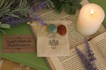 "Manifestation Gemstone Bag by Jewellery by JN styled with journal, affirmation card, beeswax candle, and dried flowers on earthy background.