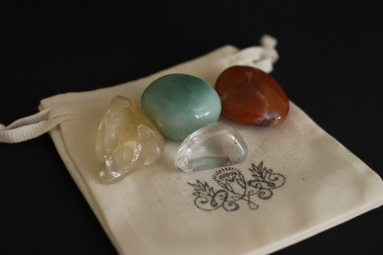Four polished tumbled crystals in yellow, light green, reddish-brown, and clear, displayed on a cream drawstring pouch with a black background.