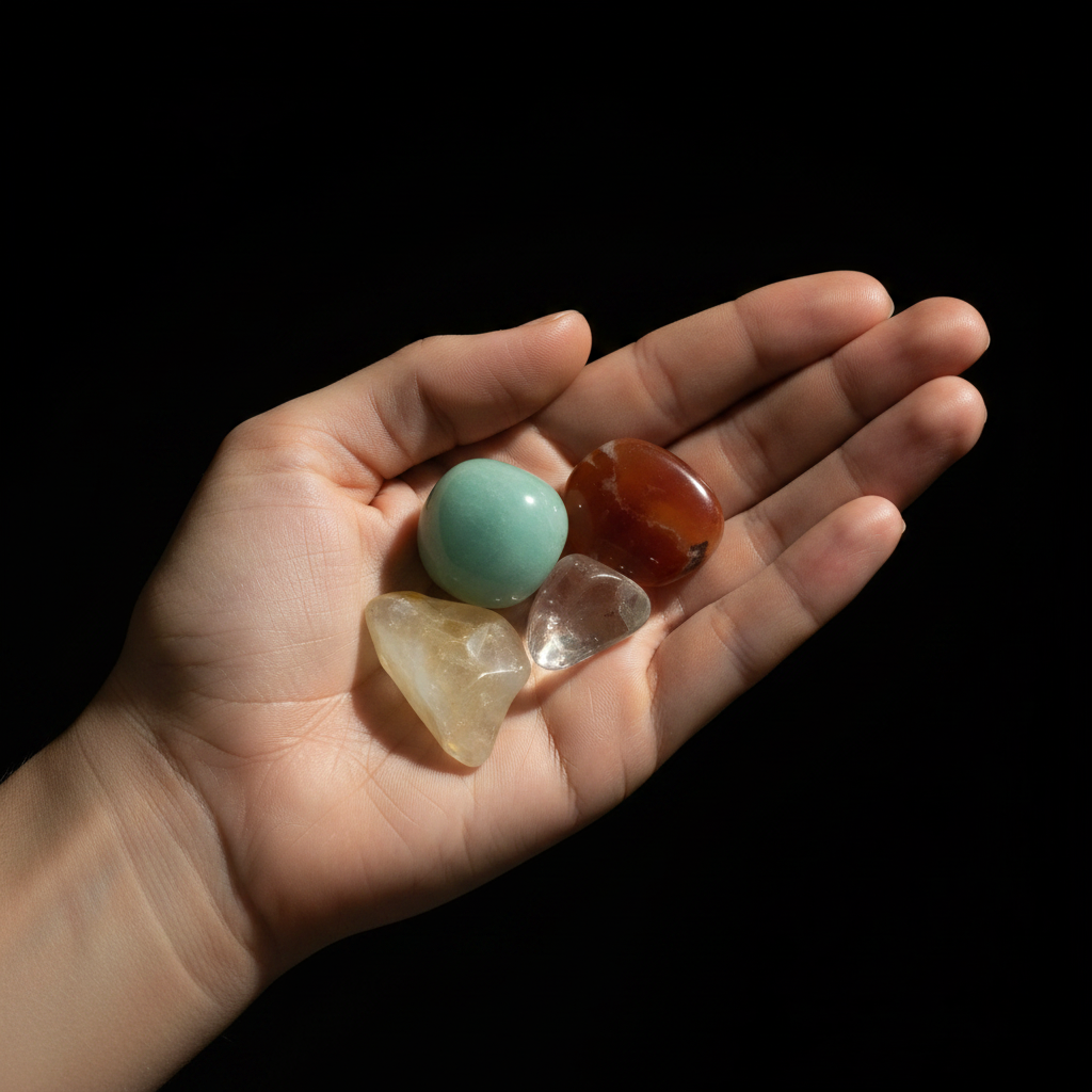 A hand holding four small polished stones against a solid black background: a round mint-green stone, a rounded reddish-brown stone, a translucent pale pink stone, and a translucent cream stone.