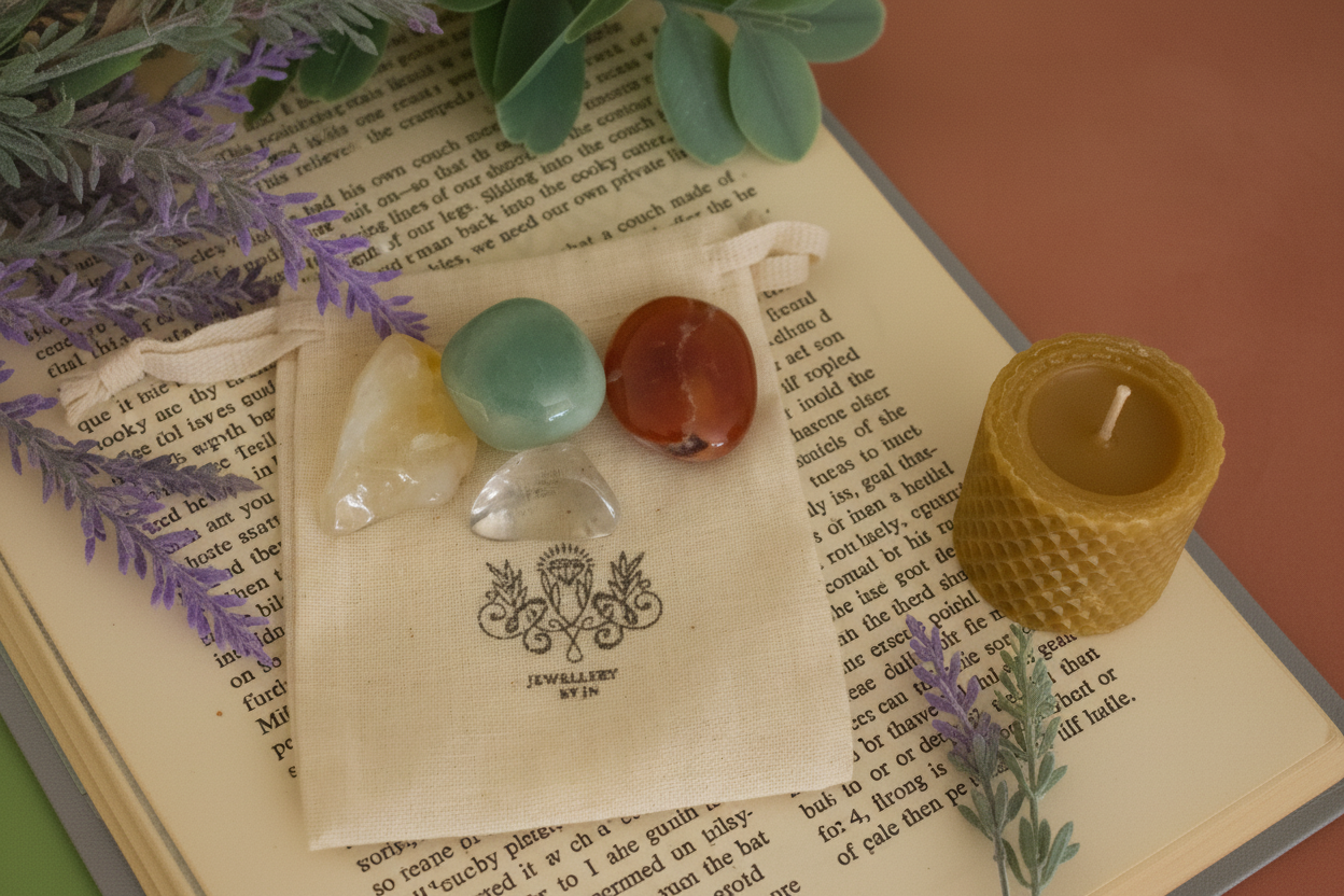 Manifestation Gemstone Bag by Jewellery by JN, recycled cotton pouch with tumbled Citrine, Carnelian, Green Aventurine, and Clear Quartz, displayed on creamy linen with ritual props