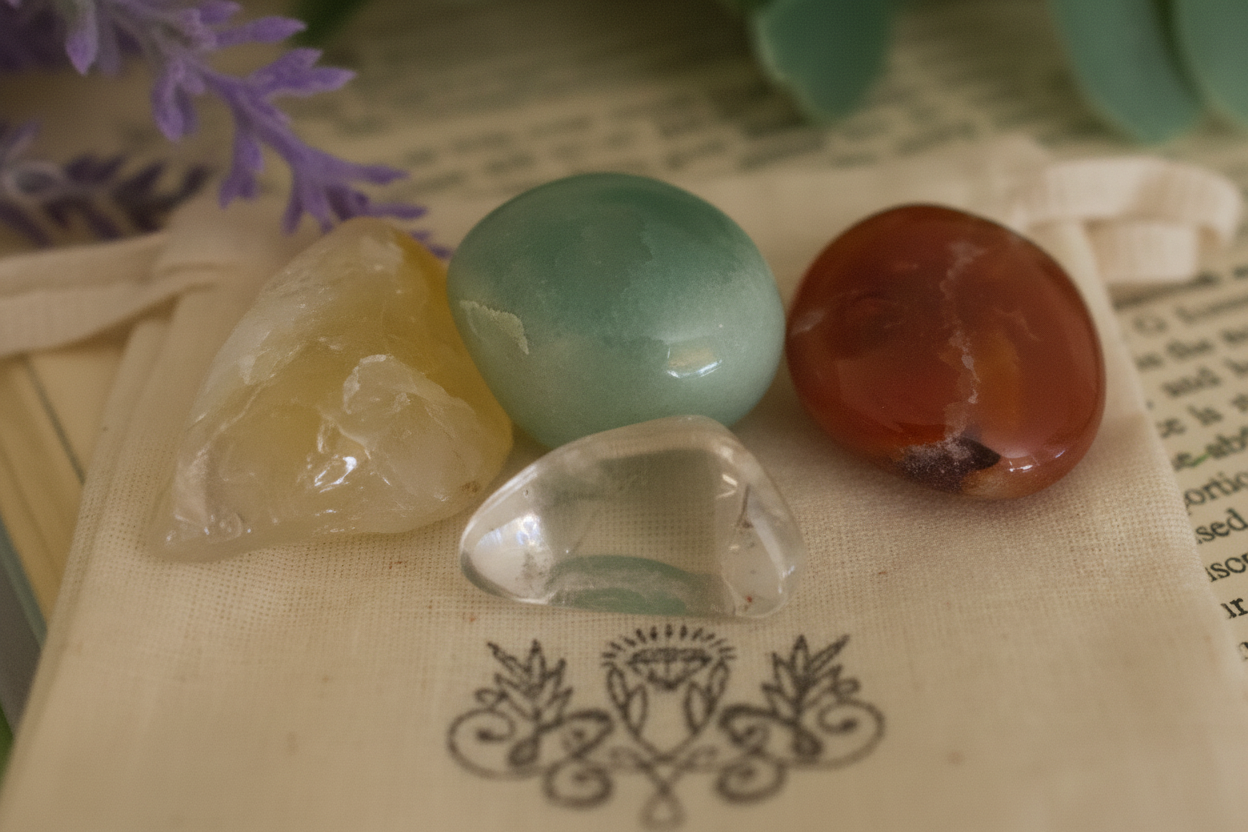 "Close-up of tumbled gemstones from Manifestation Gemstone Bag by Jewellery by JN, showing Citrine, Carnelian, Green Aventurine, and Clear Quartz."