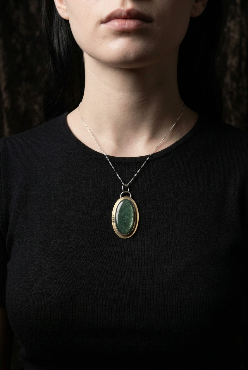 Handcrafted oval green aventurine pendant featuring a smooth cabochon gemstone set in a patinated brass bezel frame with silver accent beads and top bail loop resting on a model. 