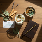 Money Intention Candle by Jewellery by JN styled with journal, affirmation card, dried flowers, and ritual objects on earthy background."