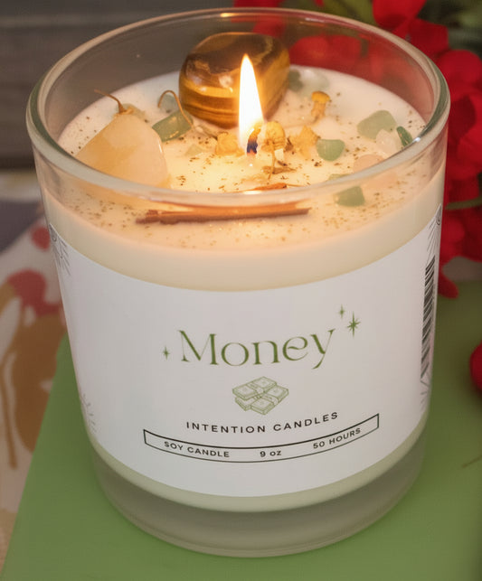 Money Intention Candle by Jewellery by JN, hand-poured, Charred Patchouli, green aventurine, citrine, tiger’s eye, chamomile, mint, cinnamon, gold glitter
