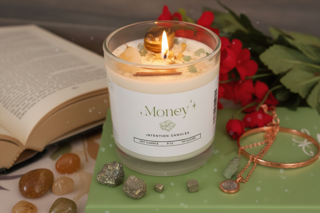 Money Intention Candle by Jewellery by JN, lit with glowing flame, showing crystals and botanicals embedded in wax with gold glitter.
