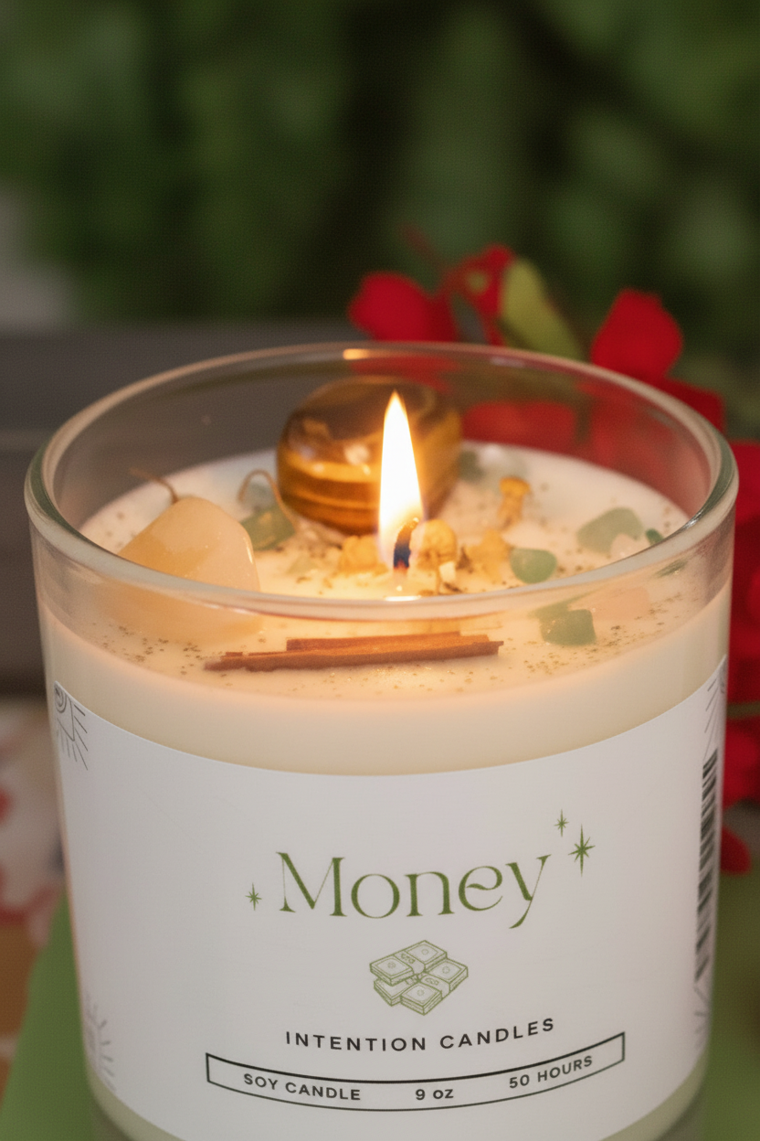 Close-up of Money Intention Candle by Jewellery by JN, highlighting Green Aventurine, Citrine, Tiger's Eye, chamomile flowers, mint, and cinnamon.