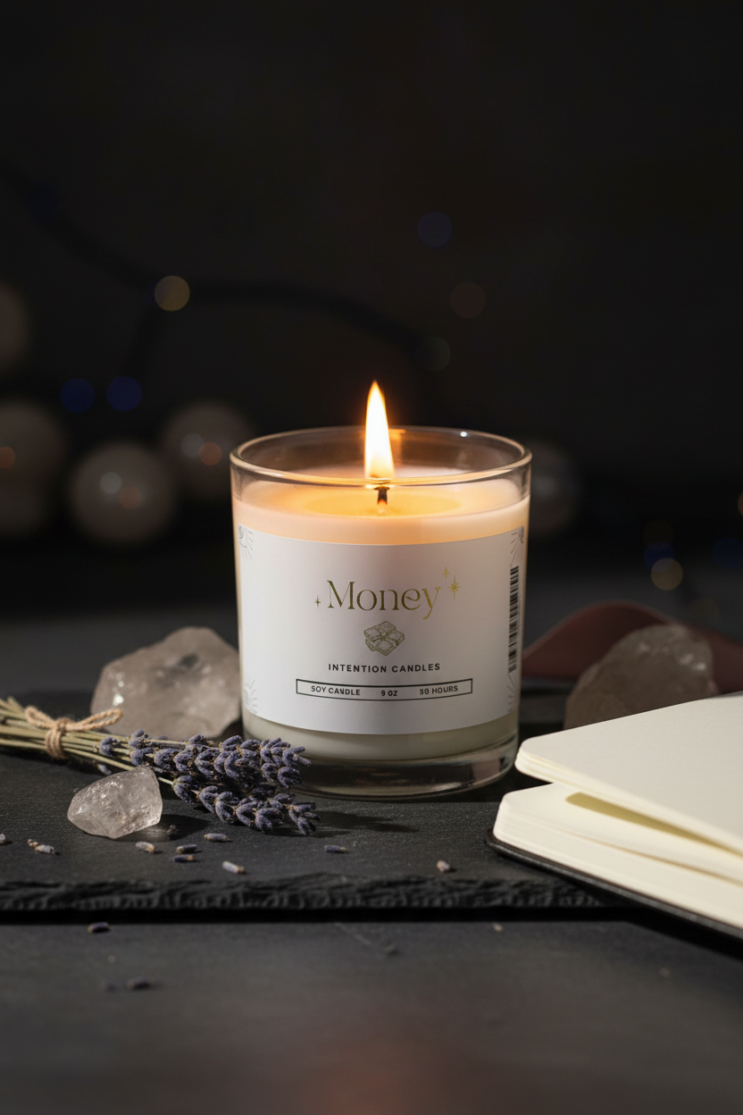 A lit jar candle labeled 'Money' sits on a dark tabletop with crystals, lavender sprigs, and an open notebook in a moody setting.