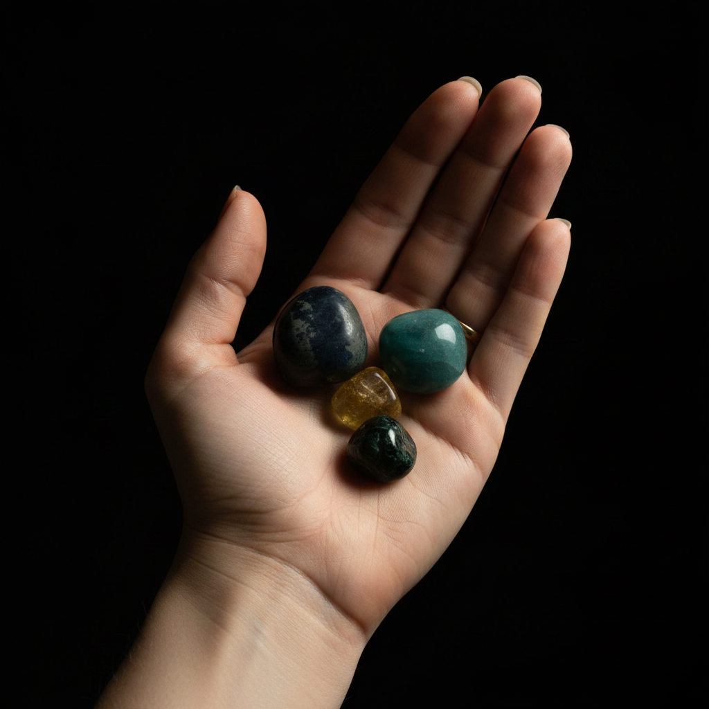 Four polished tumbled gemstones in dark blue, teal, yellow, and black resting on an open hand against a solid black background.