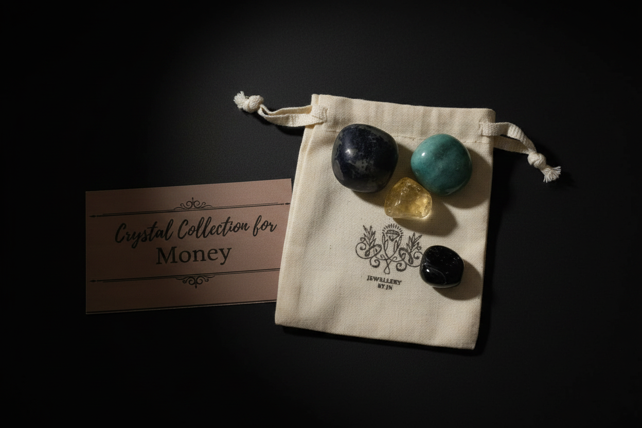 Four polished gemstone crystals displayed on a cream drawstring pouch next to a pink card that reads 'Crystal Collection for Money', set against a dark black background.