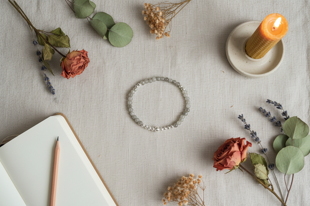 Starveil Bracelet by Jewellery by JN, featuring high-flash labradorite and sterling silver beads, arranged in a flat lay on a neutral background.