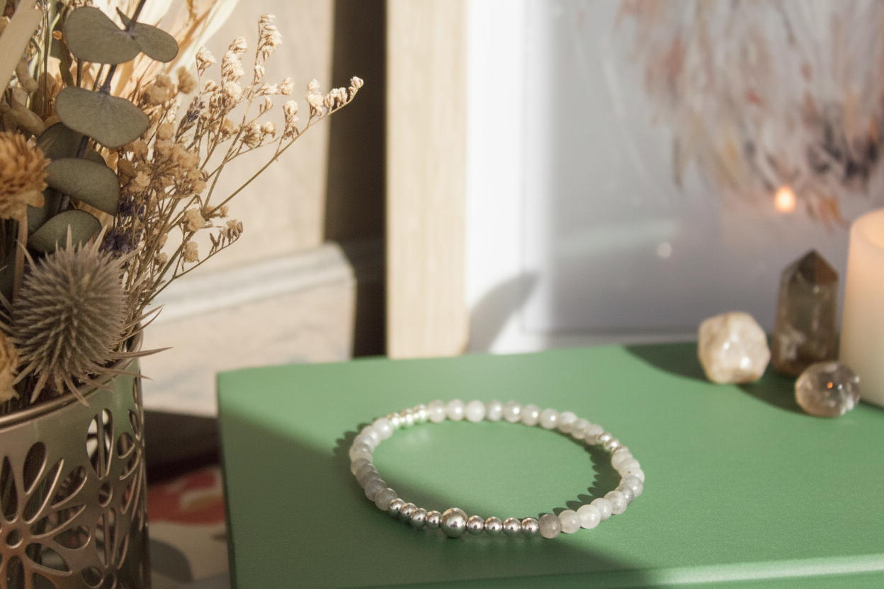Starveil Bracelet styled with ritual props, featuring high-flash labradorite and silver beads, Jewellery by JN.