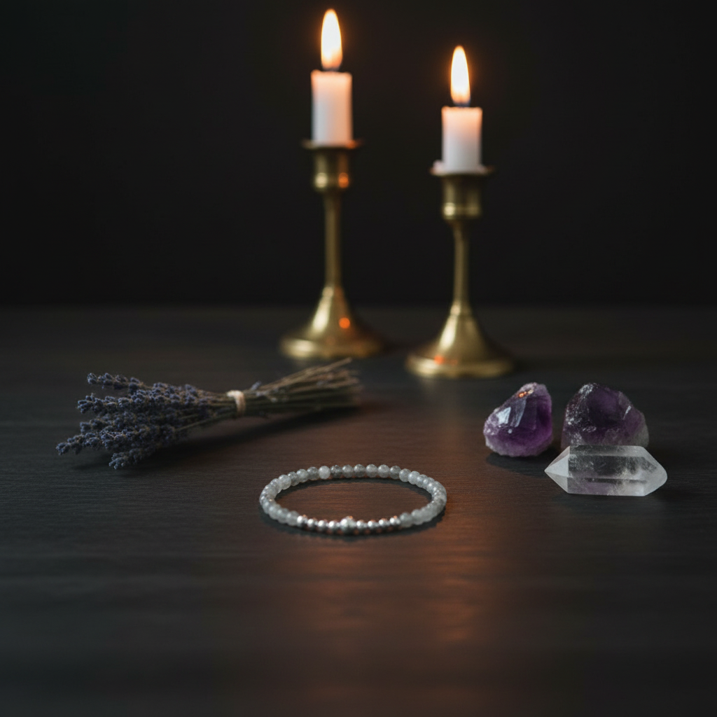 A silver beaded bracelet is displayed on a dark wooden surface alongside a bundle of dried lavender, purple amethyst crystals, and two lit brass candlesticks in the background.