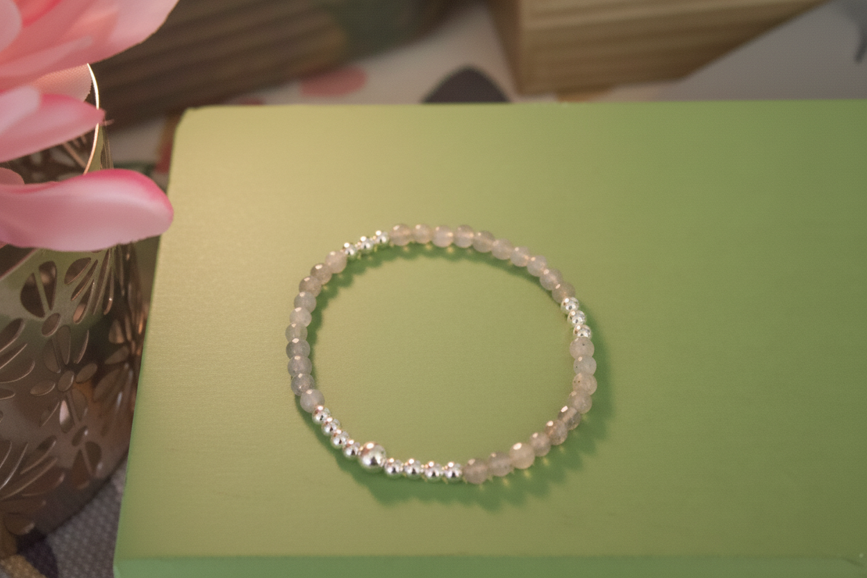 Close-up of Starveil Bracelet by Jewellery by JN, highlighting the labradorite and sterling silver bead details.