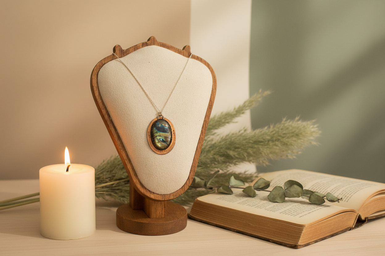 Worthy Return Pendant styled with ritual props, featuring labradorite, copper, and silver, Jewellery by JN.